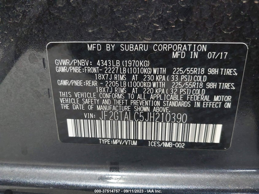 VIN JF2GTALC5JH210390 2018 SUBARU CROSSTREK LIMITED