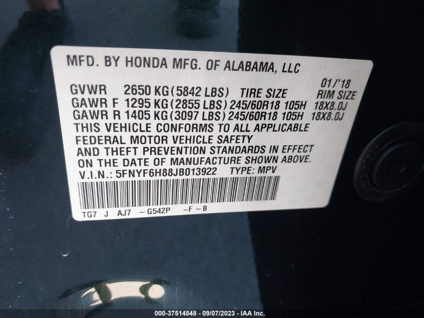 2018 HONDA PILOT EX-L - 5FNYF6H88JB013922