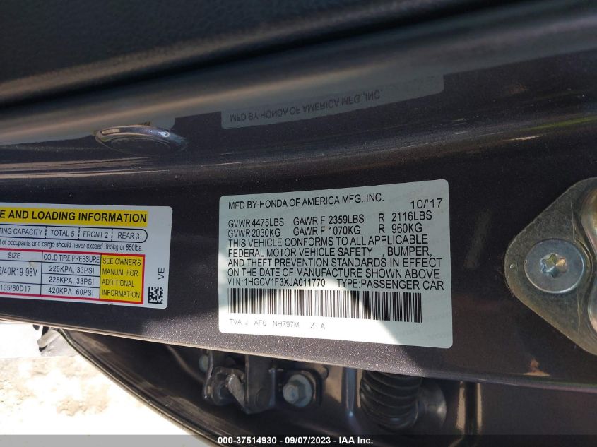 2018 HONDA ACCORD SPORT - 1HGCV1F3XJA011770