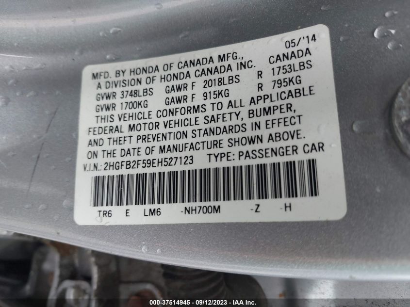 2014 HONDA CIVIC SEDAN LX - 2HGFB2F59EH527123
