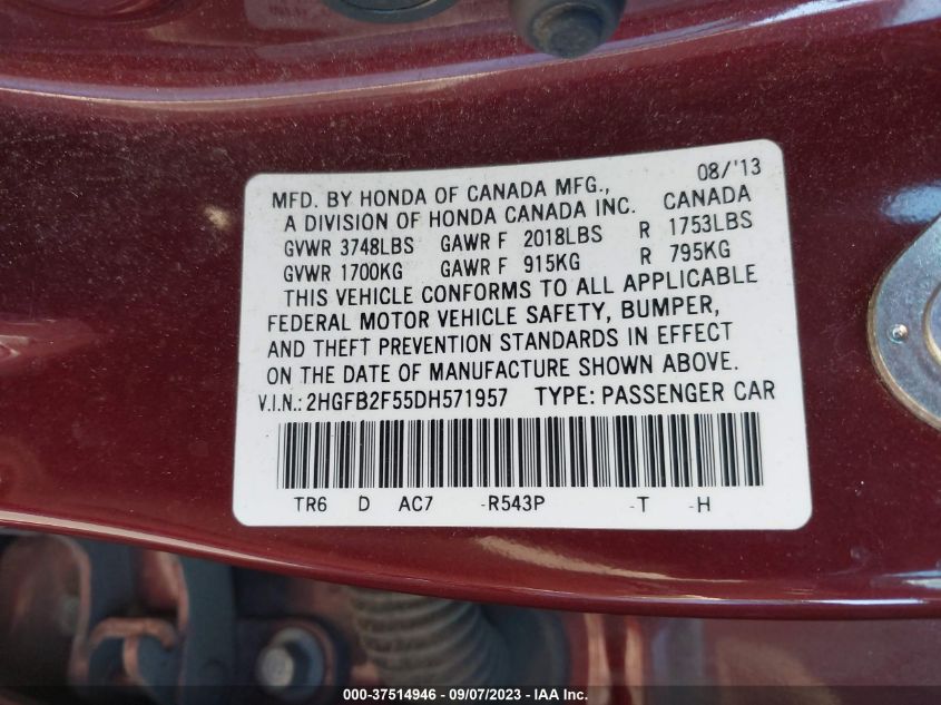 2013 HONDA CIVIC SDN LX - 2HGFB2F55D8571957