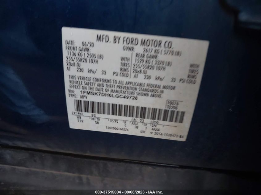 2020 FORD EXPLORER XLT - 1FMSK7DH6LGC49728