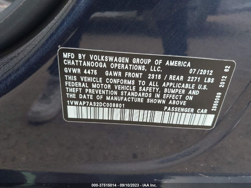 2013 VOLKSWAGEN PASSAT S - 1VWAP7A32DC008801