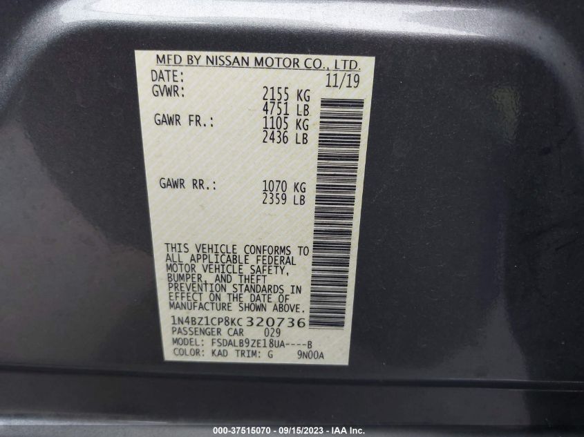 VIN 1N4BZ1CP8KC320736 2019 NISSAN LEAF S PLUS