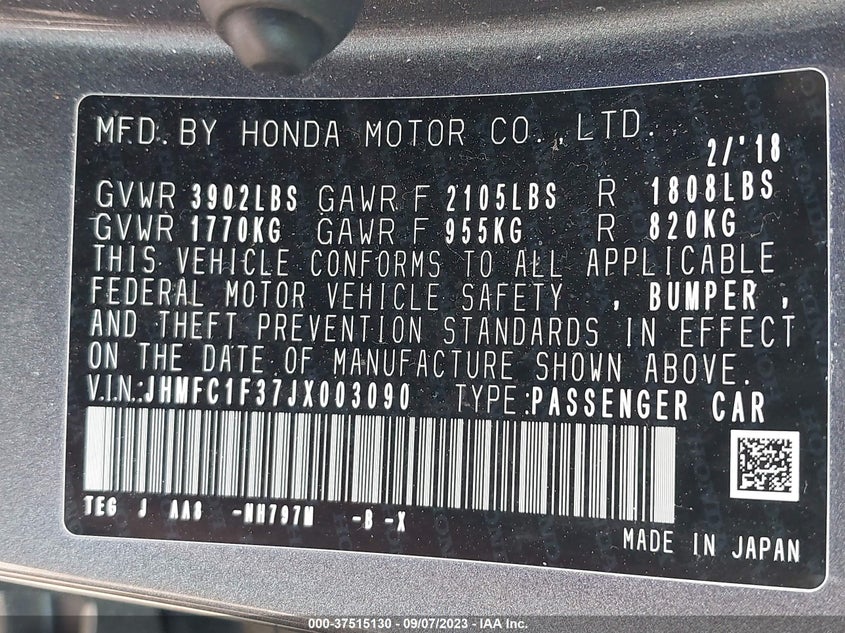 VIN JHMFC1F37JX003090 2018 HONDA CIVIC SEDAN EX-T