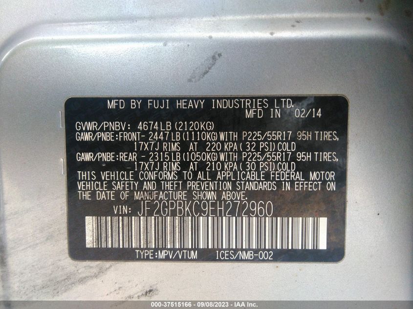 2014 SUBARU XV CROSSTREK HYBRID 2.0I HYBRID TOURING JF2GPBKC9EH272960