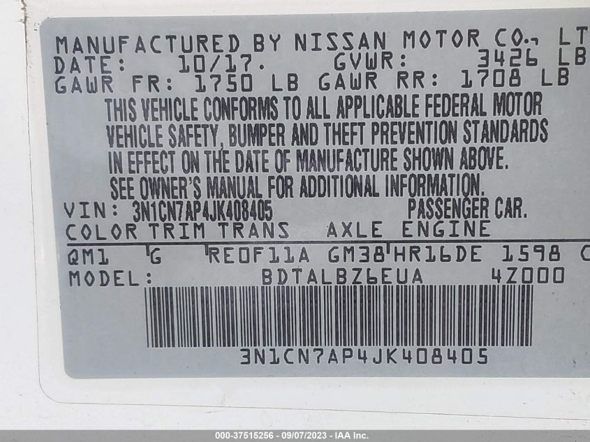 2018 NISSAN VERSA SEDAN SV - 3N1CN7AP4JK408405