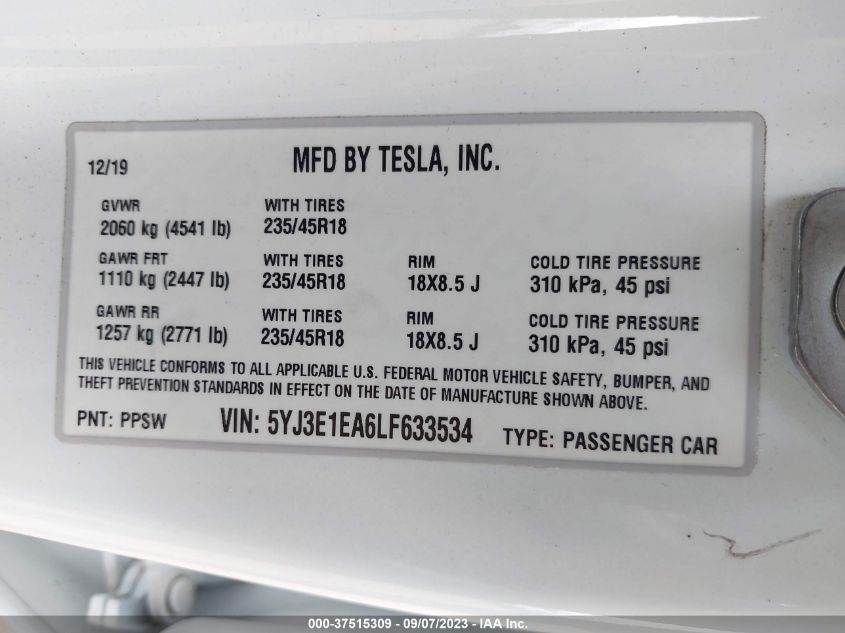 2020 TESLA MODEL 3 STANDARD RANGE - 5YJ3E1EA6LF633534