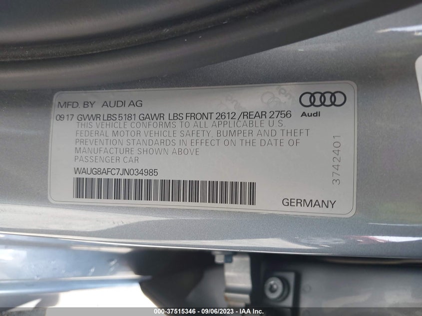 VIN WAUG8AFC7JN034985 2018 AUDI A6 PREMIUM PLUS