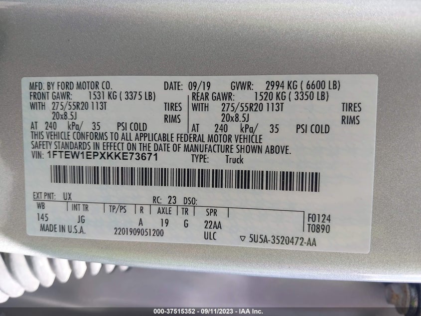 VIN 1FTEW1EPXKKE73671 2019 FORD F-150 XL/XLT/LARIAT