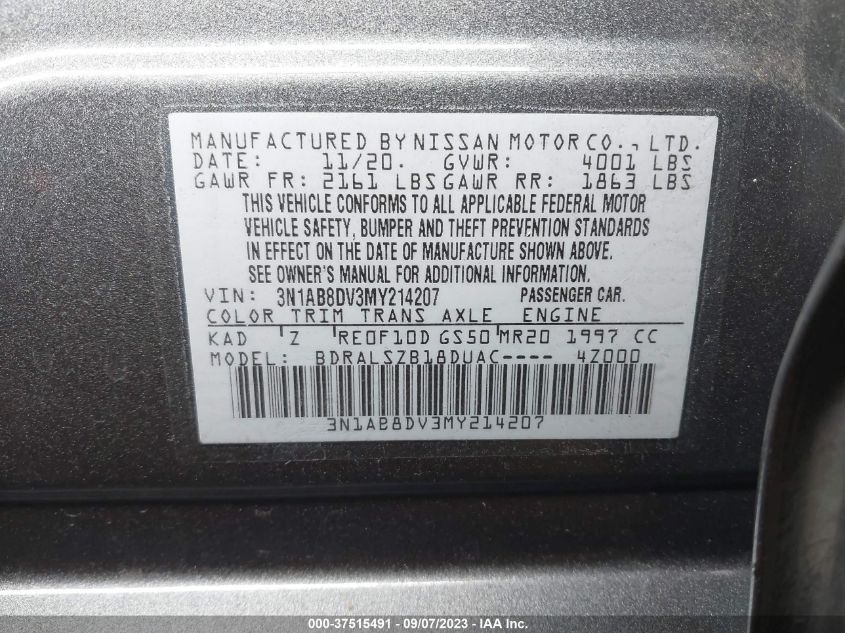 VIN 3N1AB8DV3MY214207 2021 NISSAN SENTRA SR