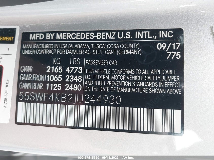 VIN 55SWF4KB2JU244930 2018 MERCEDES-BENZ C-CLASS C 300