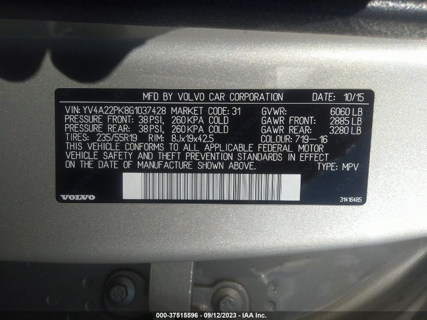 VIN YV4A22PK8G1037428 2016 VOLVO XC90 no.9