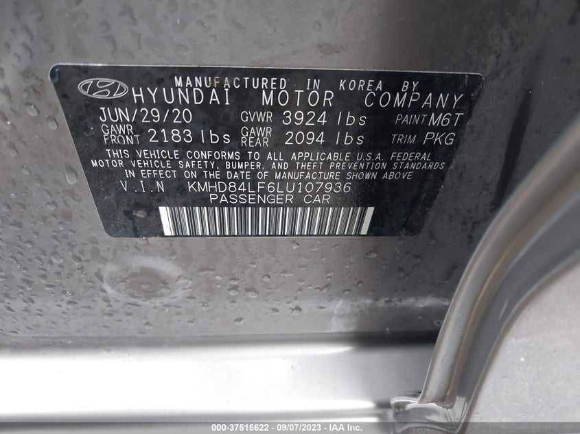 VIN KMHD84LF6LU107936 2020 HYUNDAI ELANTRA SEL
