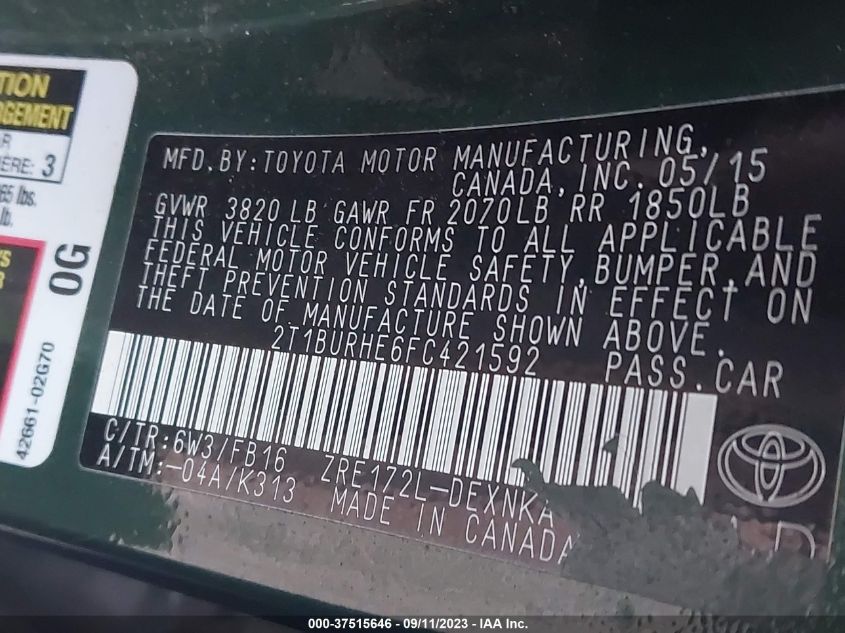 2015 TOYOTA COROLLA L/LE/S/S PLUS/LE PLUS - 2T1BURHE6FC421592