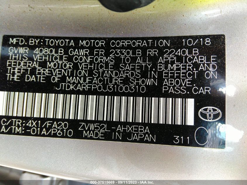 2018 TOYOTA PRIUS PRIME - JTDKARFP0J3100310