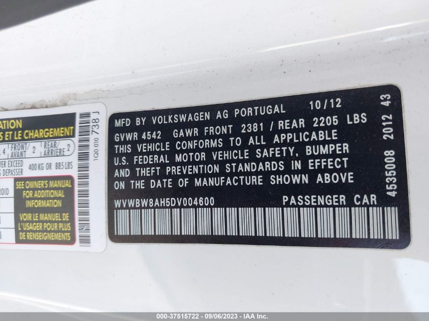2013 VOLKSWAGEN EOS SPORT WVWBW8AH5DV004600