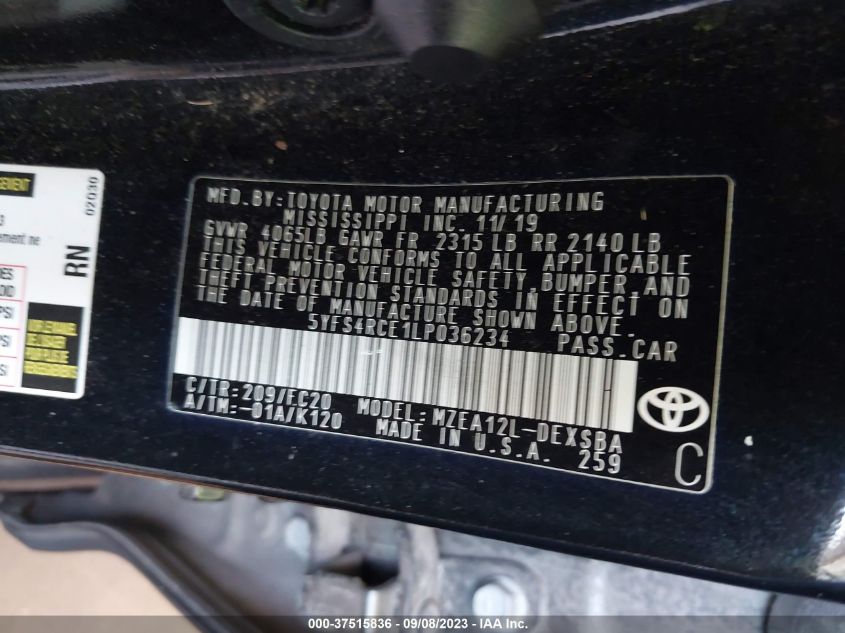 2020 TOYOTA COROLLA SE/NIGHT SHADE - 5YFS4RCE1LP036234