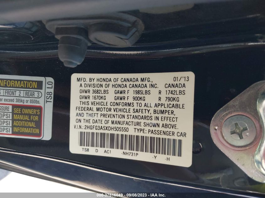 2013 HONDA CIVIC CPE LX 2HGFG3A5XDH505550