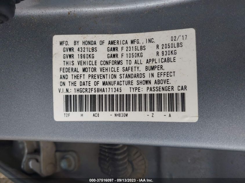 2017 HONDA ACCORD SEDAN SPORT - 1HGCR2F58HA171345