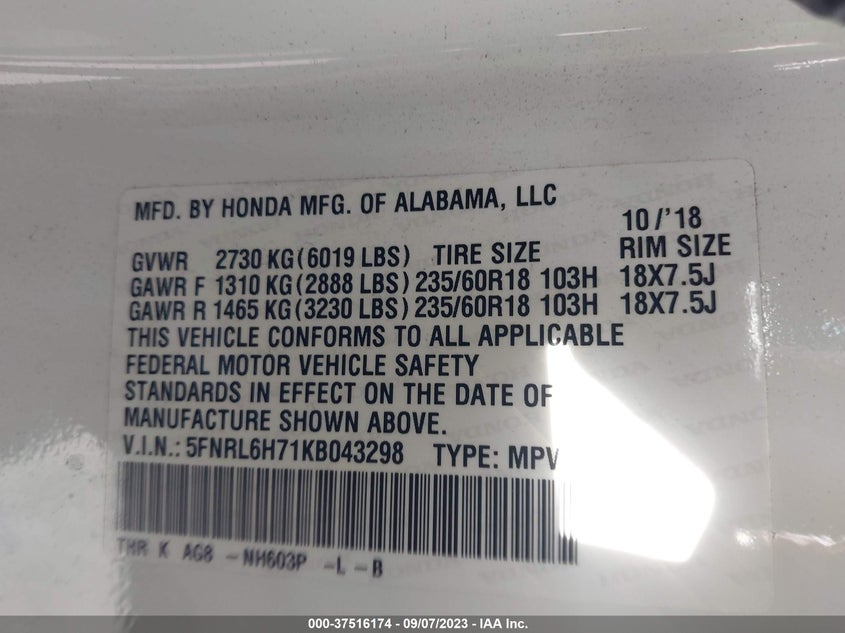 VIN 5FNRL6H71KB043298 2019 HONDA ODYSSEY EX-L