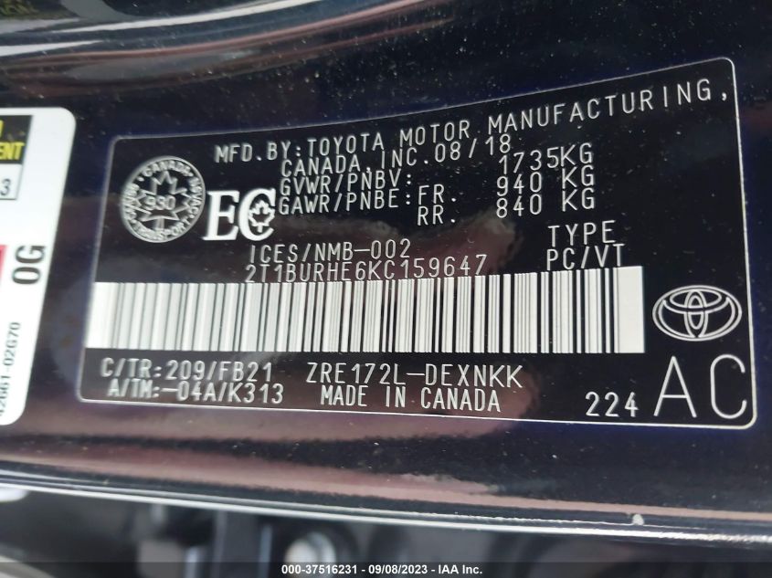 2019 TOYOTA COROLLA L/LE/SE/XLE/XSE - 2T1BURHE6KC159647