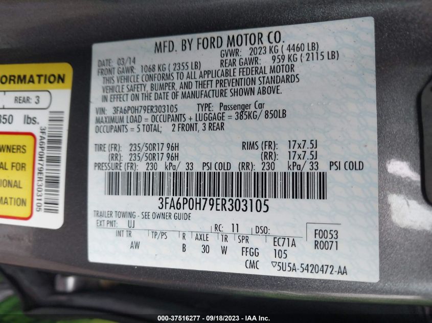 2014 FORD FUSION SE - 3FA6P0H79ER303105