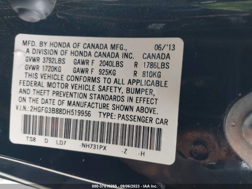 2013 HONDA CIVIC CPE EX - 2HGFG3B88DH519956