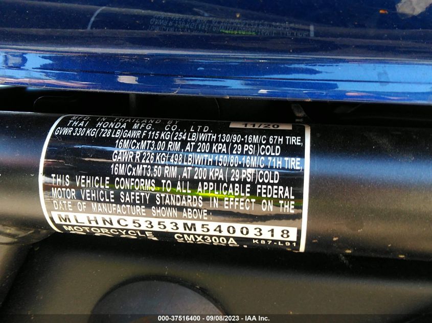 2021 HONDA CMX300 A MLHNC5353M5400318