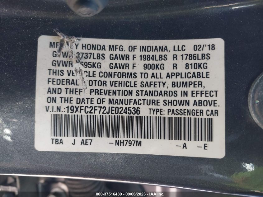 2018 HONDA CIVIC SEDAN EX - 19XFC2F72JE024536