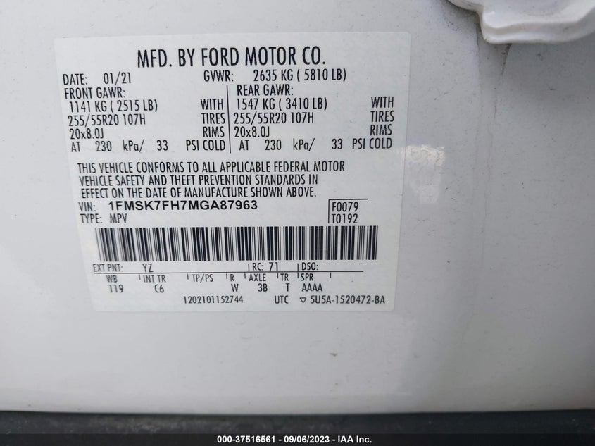 VIN 1FMSK7FH7MGA87963 2021 FORD EXPLORER LIMITED