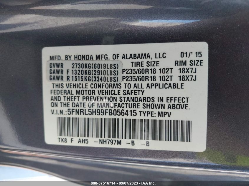 2015 HONDA ODYSSEY TOURING - 5FNRL5H99FB056415