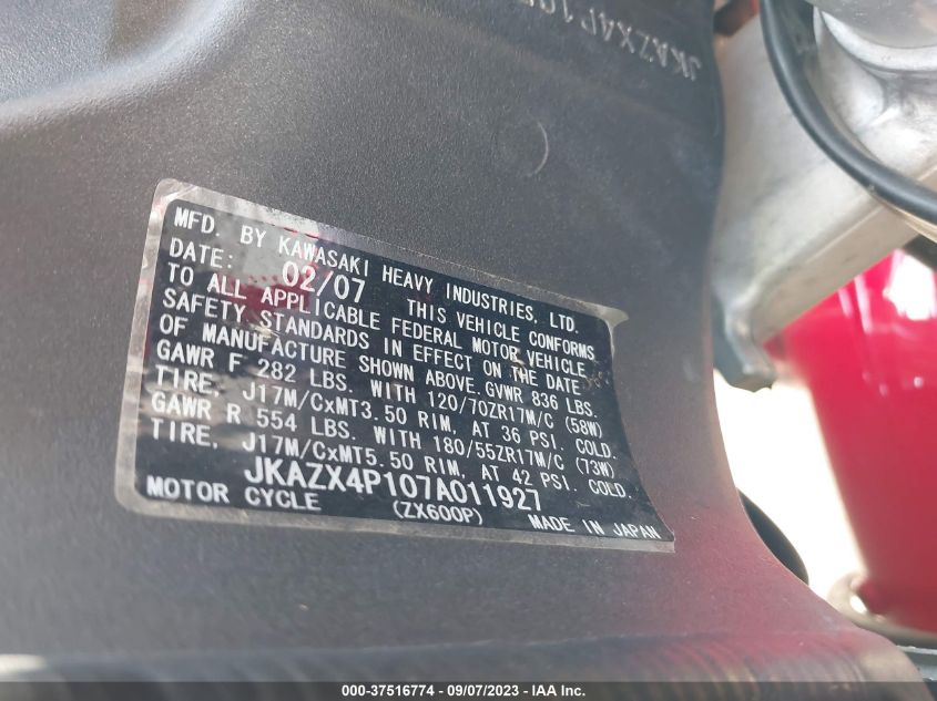 2007 KAWASAKI ZX600 P JKAZX4P107A011927