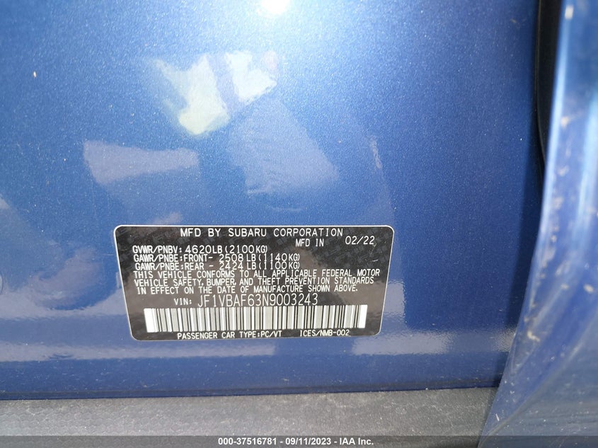 VIN JF1VBAF63N9003243 2022 SUBARU WRX PREMIUM