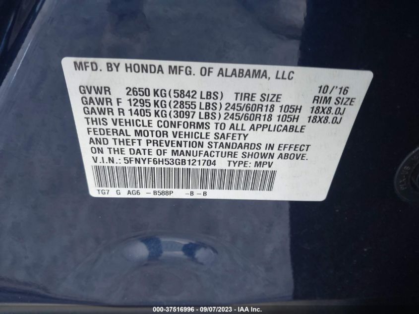 2016 HONDA PILOT EXL - 5FNYF6H53GB121704