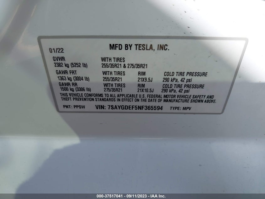 VIN 7SAYGDEF5NF365594 2022 TESLA MODEL Y PERFORMANCE