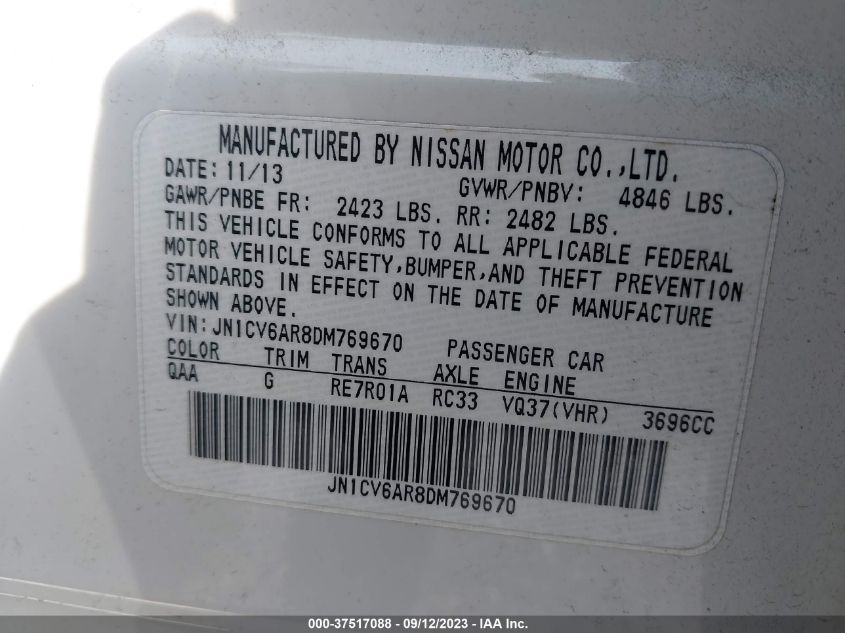 2013 INFINITI G37X - JN1CV6AR8DM769670