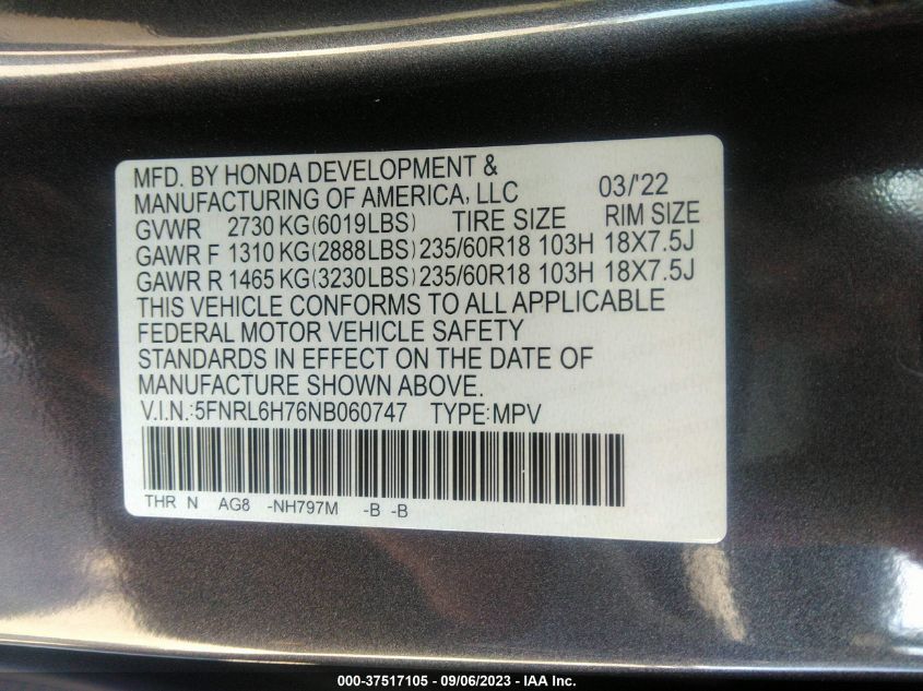 5FNRL6H76NB060747 Honda Odyssey EXL 9