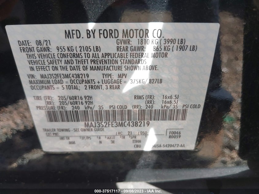 VIN MAJ3S2FE3MC438219 2021 FORD ECOSPORT S