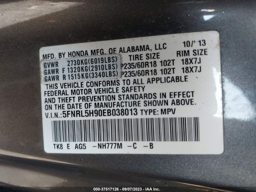 2014 HONDA ODYSSEY TOURING - 5FNRL5H90EB038013