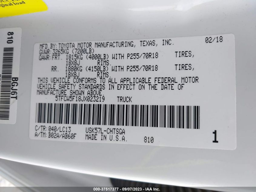 2018 TOYOTA TUNDRA SR 5.7L V8 5TFCW5F18JX023219