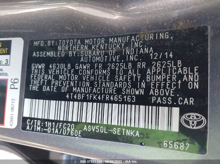 2015 TOYOTA CAMRY XLE/SE/LE/XSE - 4T4BF1FK4FR465163