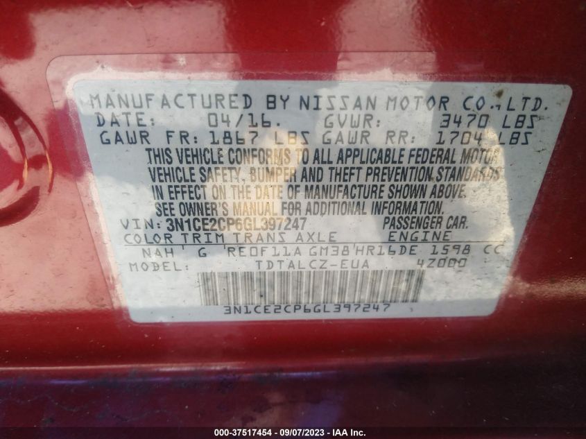 2016 NISSAN VERSA NOTE S PLUS - 3N1CE2CP6GL397247