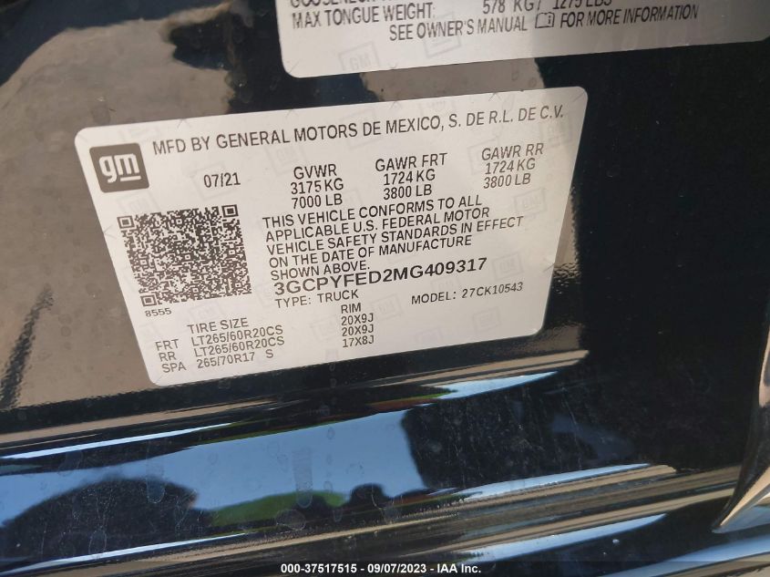 2021 CHEVROLET SILVERADO 1500 LT TRAIL BOSS - 3GCPYFED2MG409317