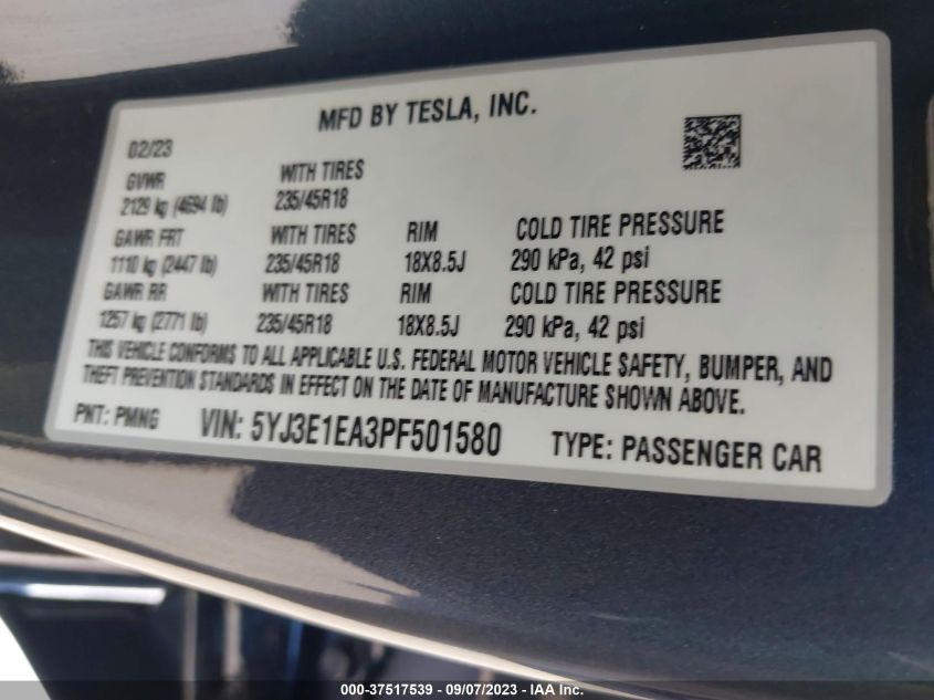 2023 TESLA MODEL 3 - 5YJ3E1EA3PF501580
