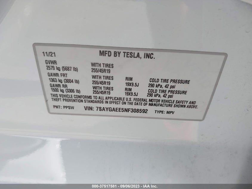 VIN 7SAYGAEE5NF308592 2022 TESLA MODEL Y