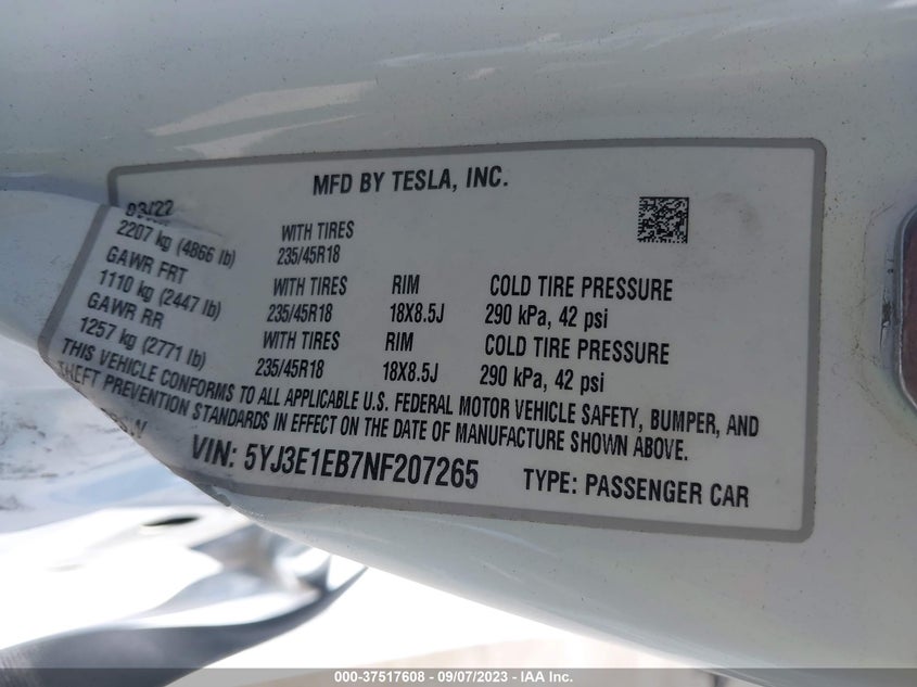 VIN 5YJ3E1EB7NF207265 2022 TESLA MODEL 3 LONG RANGE