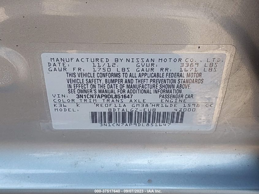 2013 NISSAN VERSA SL - 3N1CN7AP9DL851647
