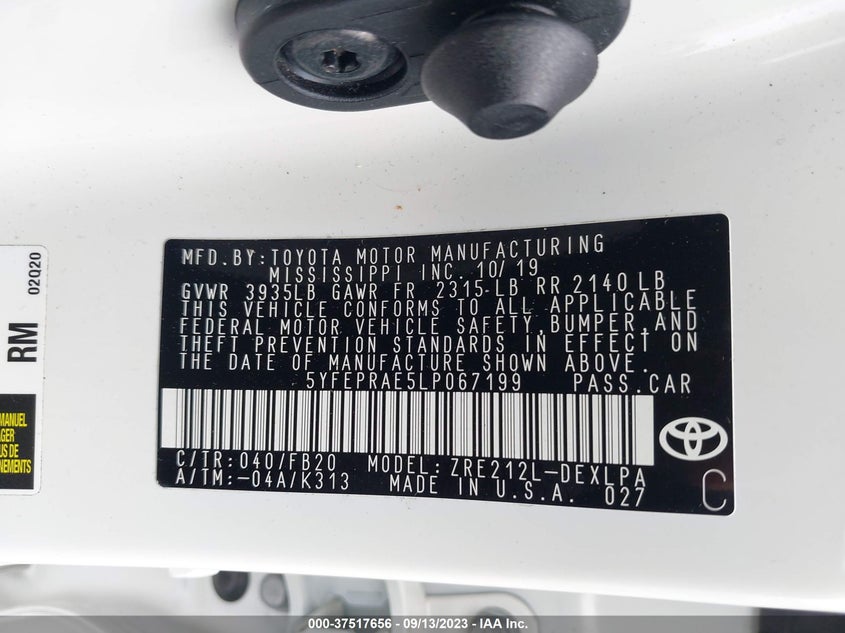 VIN 5YFEPRAE5LP067199 2020 TOYOTA COROLLA LE