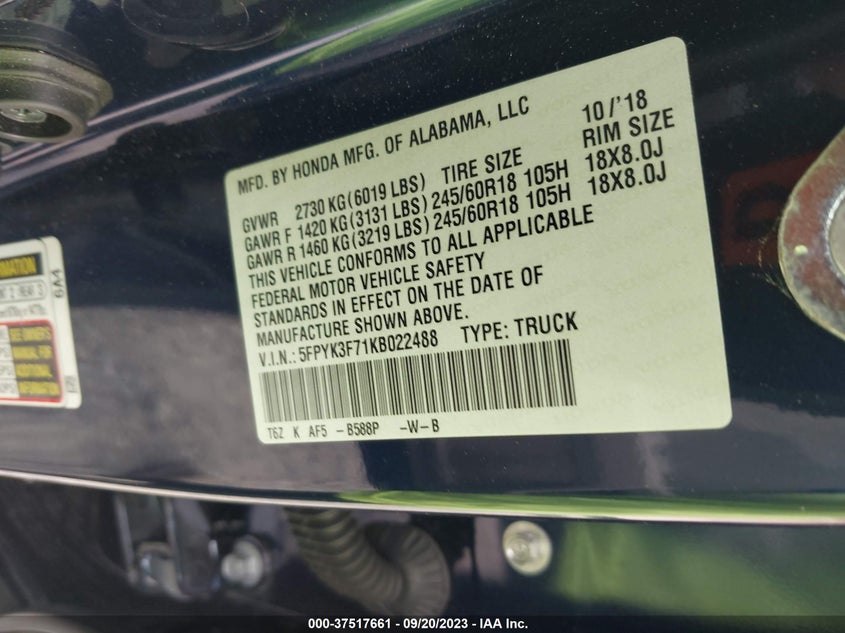 VIN 5FPYK3F71KB022488 2019 HONDA RIDGELINE RTL-E